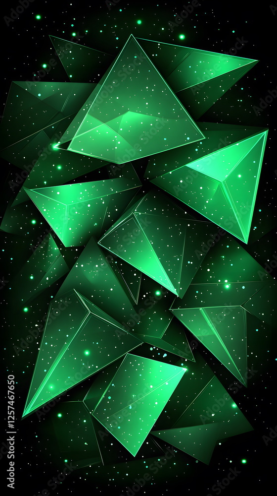 Aufkleber vibrant green geometric shapes in a dark starry background creating a mesmerizing abstract pattern.