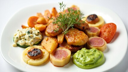 Gourmet Plated Dish with Roasted Chicken, Potatoes, and Vegetables