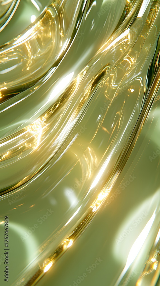 Poster flowing golden abstract texture with glossy swirls and luminous highlights reflecting light.