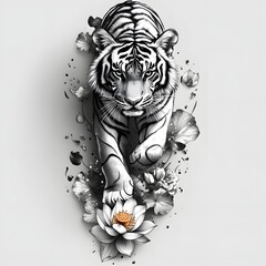 A monochrome illustration depicts a white tiger walking forward, surrounded by detailed floral elements. The tiger's intense gaze is focused, its paw landing on a lotus flower.