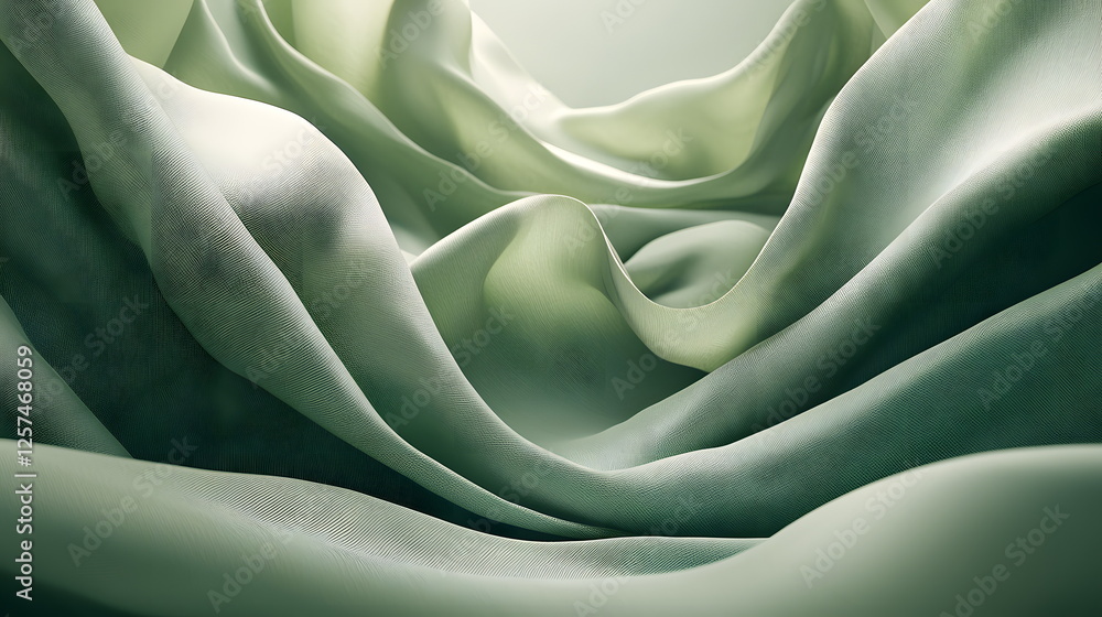 Poster soft green fabric draping elegantly in smooth waves, creating a serene and soothing textured backgro