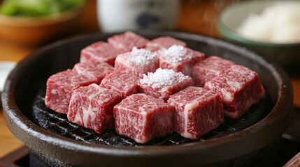 Fototapeta premium Tender Marbled Beef Cubes Grilling on Charcoal for Japanese Cuisine