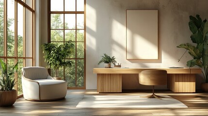 Serene home office, sunlight, minimalist design, plants.