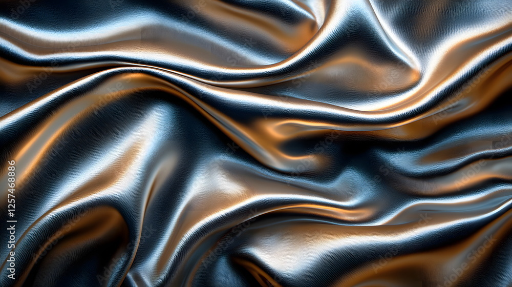 Poster shiny silver satin fabric draped elegantly with soft waves and folds creating depth and texture.