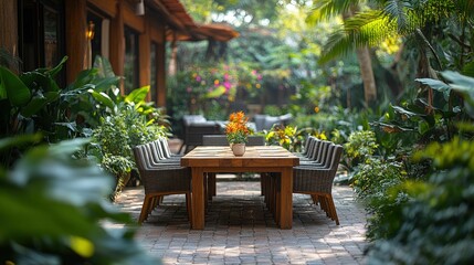 Tranquil outdoor dining, lush greenery, sunlit patio.