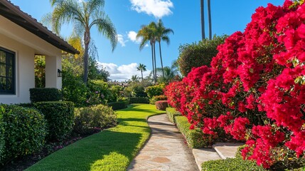Naklejka premium Sunny path, lush garden, California home, vibrant bougainvillea