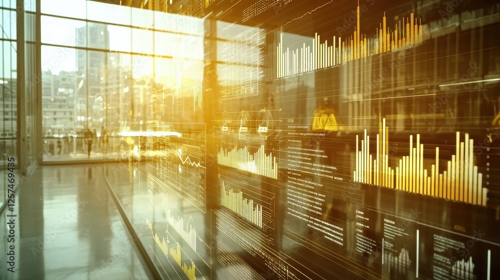 Poster analyzing business growth trends modern office data visualization urban setting digital perspective