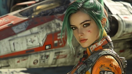 A green-haired woman, dressed in an orange pilot's suit, stands confidently against a weathered spacecraft. She gazes directly at the viewer, with a determined and slightly weary expression.