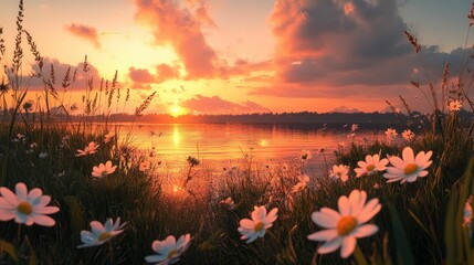 Sunset serenity wildflowers lake peaceful evening