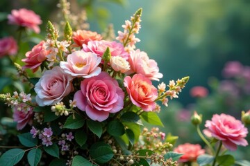 Fototapeta premium A delightful bouquet of pink and peach roses, artfully arranged amongst delicate green foliage and tiny white blossoms, bathed in soft sunlight, evokes a sense of tranquil beauty and gentle romance.