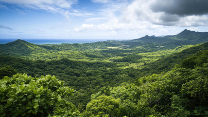 Fototapeta premium Aerial view of green mountain landscape with dense forests and rolling hills
