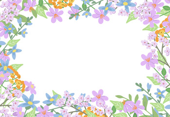 Spring frame with drawn cute meadow flowers. Floral botanical art templates for holiday card, poster, invitation, social media, cover, advertisement, for Mother's Day, Easter and Birthday. Vector flat