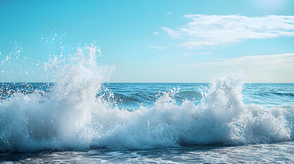 Fototapeta premium Ocean Wave Crashing on Shore, Blue Sky and White Water Splash