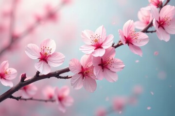 Naklejka premium Delicate Pink Blossoms on a Branch, Gently Swaying in a Soft Breeze, Petals Falling Gracefully