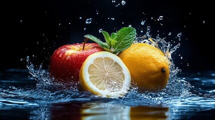 Splash of water surrounds three pieces of fruit: an apple, a lemon, and a lime. The water droplets create a sense of movement and freshness, while the fruit adds a pop of color
