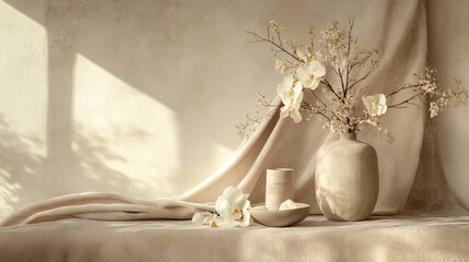 Elegant Still Life with Flowers and Natural Textures in Soft Tones