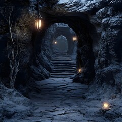 A stone stairway illuminated by hanging lanterns ascends through a dark, cavernous tunnel, suggesting a passage to an unknown destination in a mysterious location.