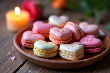 Fototapeta premium A delightful assortment of heart-shaped pastries, delicately adorned with sprinkles, arranged on a rustic wooden surface next to a softly glowing candle.