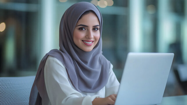 Arab businesswoman working on laptop in a modern office | Cheerful arab woman employee in office | Muslim woman employee