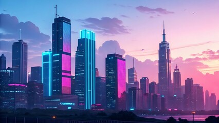 Fototapeta premium Futuristic neon city skyline with vibrant pink and blue lights creating a cyberpunk aesthetic