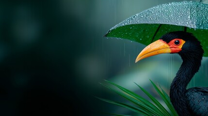 Fototapeta premium A bird with an umbrella in the rain