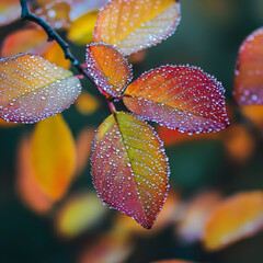 Autumnal Dewdrop Dance: A close-up captures the captivating dance of light and color on delicate leaves, each one a masterpiece adorned with glistening dewdrops.