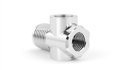 Chrome pipe fitting, three-way connector, isolated on white background, industrial part