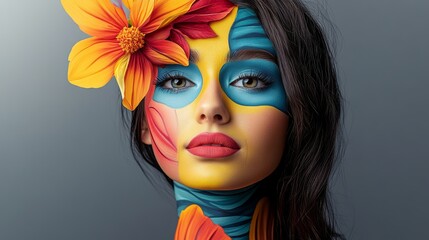Woman with a flower painted on her head and face. The colors are bright and vibrant, giving the impression of a fun and playful atmosphere