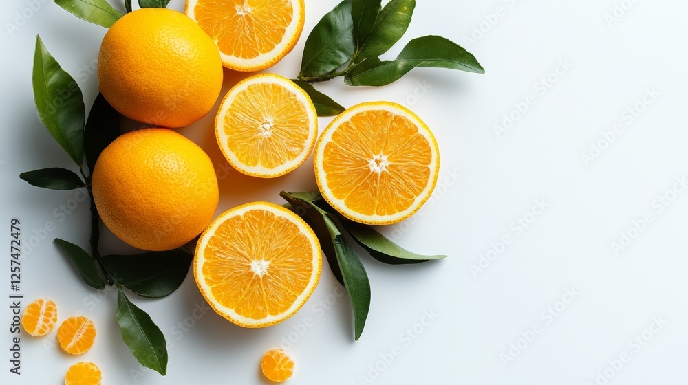 Poster bunch of oranges with a few slices on a white background. the oranges are fresh and juicy, and the s