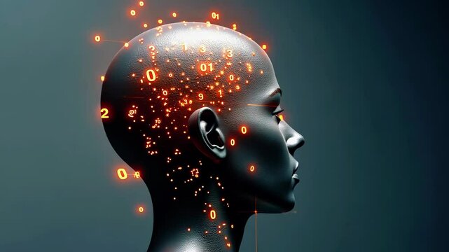 Futuristic profile of a humanoid figure with glowing binary code, symbolizing AI and digital innovation