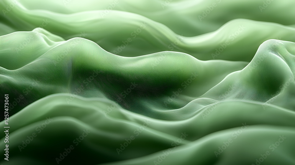 Poster soft green fabric flowing in gentle waves with a light and airy appearance, creating a serene atmosp