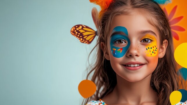 Young girl with blue and yellow face paint and butterflies on her face. She is smiling and looking at the camera
