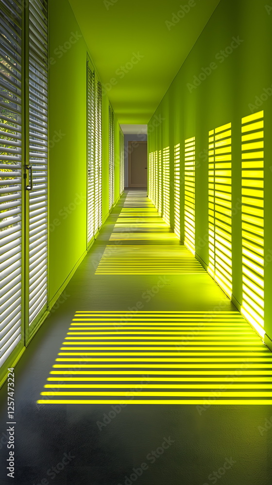 Aufkleber bright green corridor with vertical light and shadow patterns created by window blinds on the floor