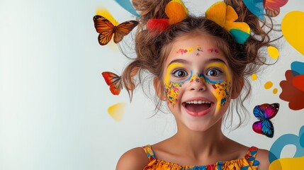 Young girl with colorful face paint and butterflies in her hair. She is smiling and looking up at the camera
