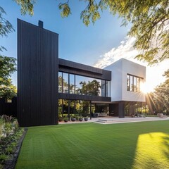 Modern Architectural Design House with Large Windows at Sunset