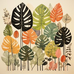 Black and White Lithographic Print of Monstera Leaves with Minimalist Design