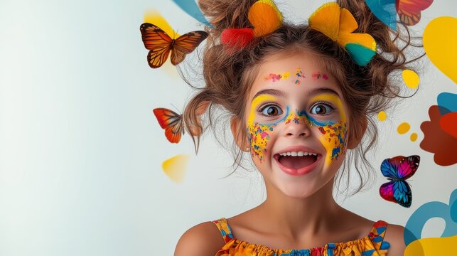 Young girl with colorful face paint and butterflies in her hair. She is smiling and looking up at the camera