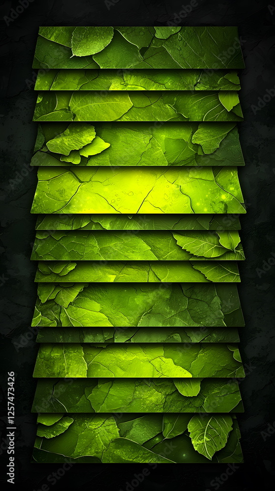 Poster textured green leaves layered on a dark background creating a vivid natural pattern design.