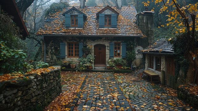 Charming stone cottage amidst autumn foliage in misty forest setting