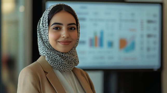 Portrait of a confident Arab woman employee | Professional Arab Businesswoman in office meeting room | woman employee in office meeting room	