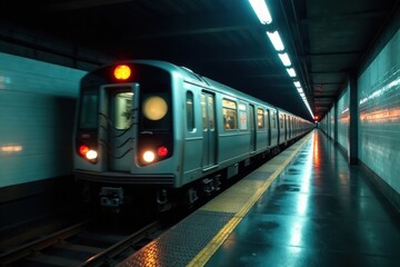 Obraz premium A sleek commuter train speeds through a dimly lit subway tunnel, its lights reflecting on the wet platform