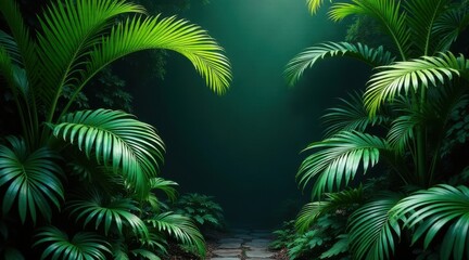Mysterious Path Through Lush Tropical Foliage, Illuminated by a Soft, Ethereal Glow