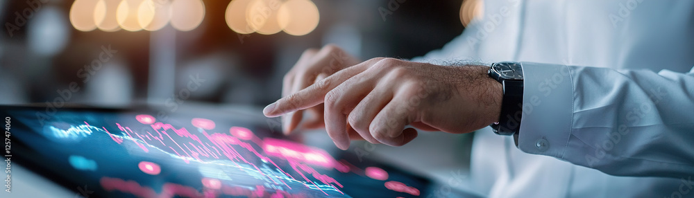 Poster hands of a professional trader interact with a holographic stock market chart, set against a softly 