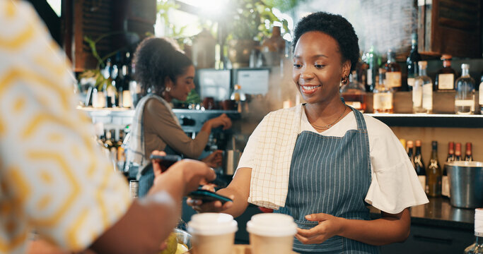 Payment, pos and waitress with woman at restaurant for fintech, barista service or buying. Phone tap, customer experience and order with people in bar for digital transaction, mobile and purchase