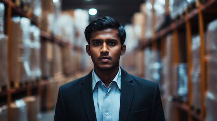 Portrait of a young business man in warehouse background