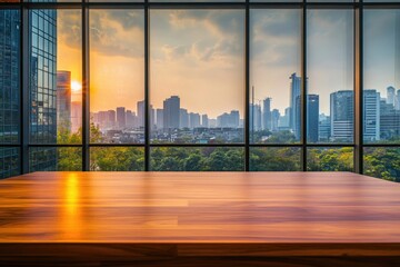 Fototapeta na wymiar Sunset city view from wooden office desk