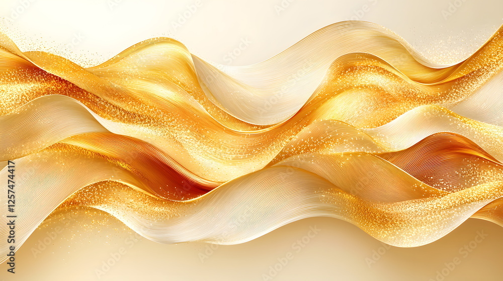 Poster golden waves flowing gracefully across a soft beige background with shimmering sparkles and gentle c