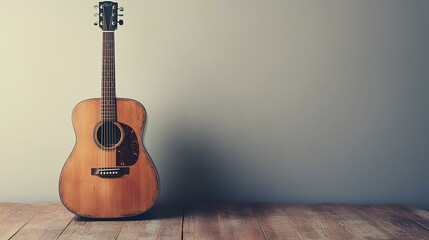 Acoustic guitar leaning against a wall.  Music, instrument, wood, background, simple, vintage,  design, website, blog, poster