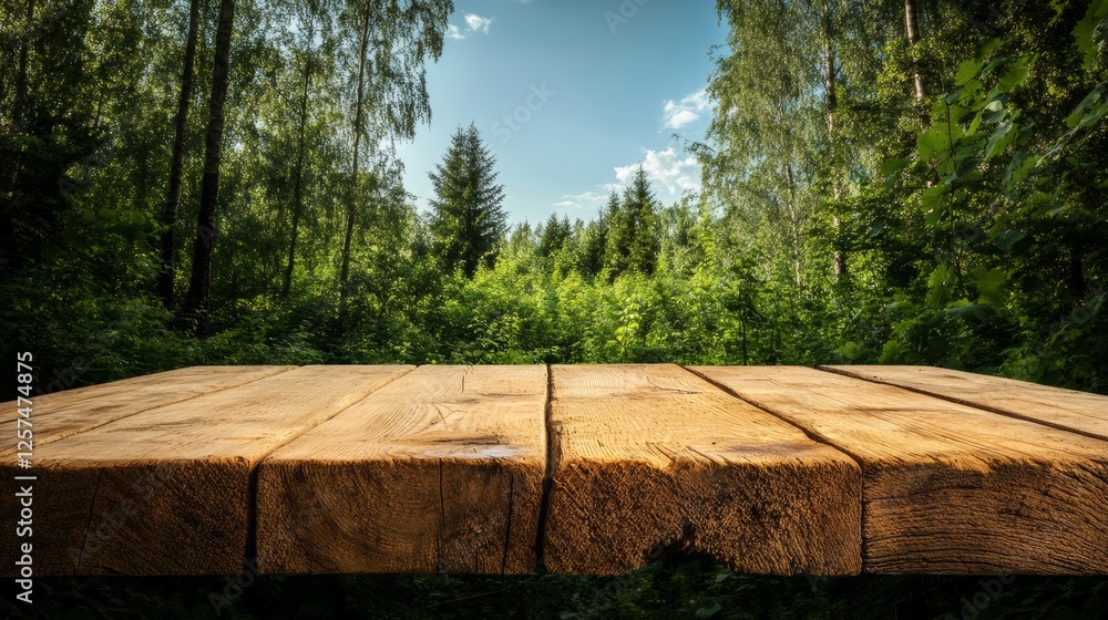 Aufkleber wooden table with a view of trees and a blue sky. the table is empty and the sky is clear