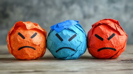 Angry crumpled paper balls representing emotions; conflict resolution concept; textured background; ideal for psychology or emotional health articles